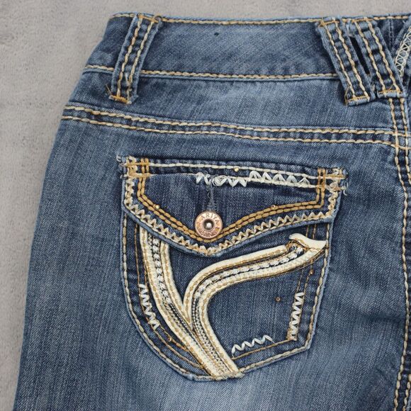 Ariya Jeans Pants Womens 6 Blue Bootcut Low Rise Button Stretch Dark Wash Denim - Picture 15 of 16